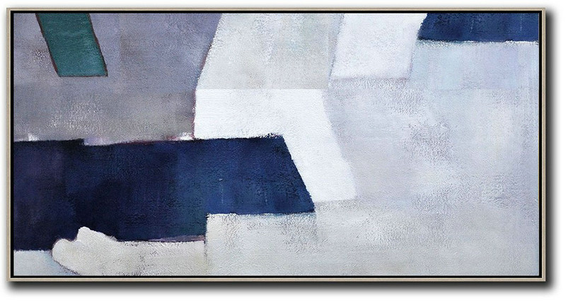 Horizontal Palette Knife Contemporary Art,Modern Living Room Decor,White,Grey,Dark Blue